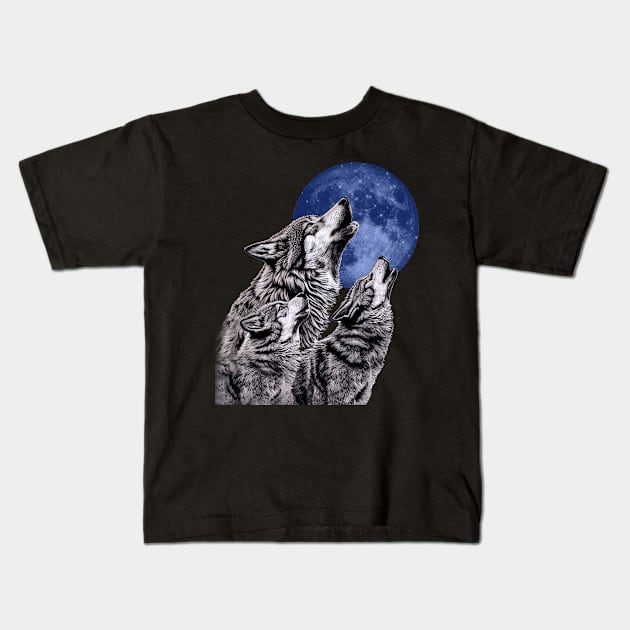 Three Wolves Howling at the Moon Wolf Kids T-Shirt by Pine Hill Goods
